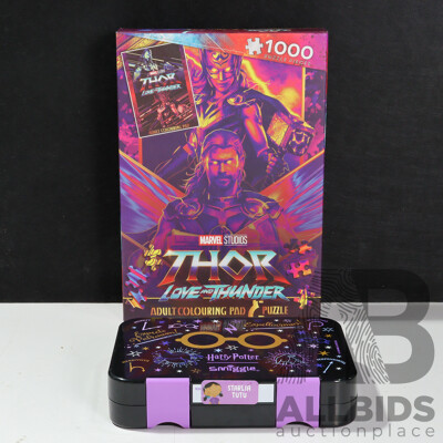 Marvel Studios Thor Love and Thunder Adult Colouring Pad and 1000 Piece Puzzle with Smiggle Harry Potter Stationary Box