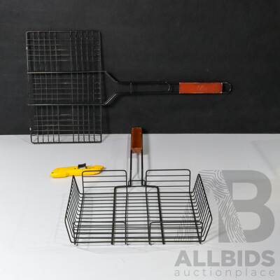 Camping Supplies Including Campfire Grill Baskets and Retractable Knife