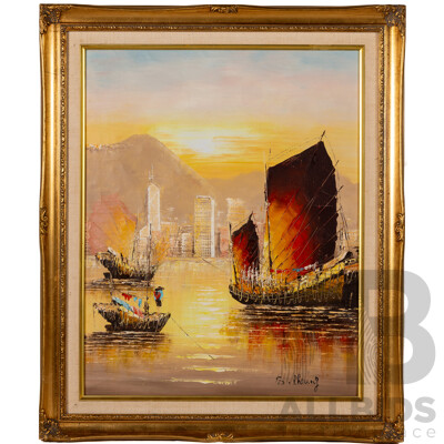 S.Cheung, (20th Century, Asian School), Junks at Sunrise, Vintage Oil on Canvas, 62 x 53 cm (frame)