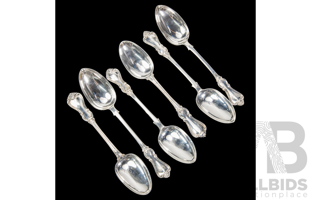 Six Large Sterling Silver Spoons Including Three Josiah Williams & Co, Exeter, 1858, Thomas Wallis II, London, 1846 and Henry Holland, London, 1873