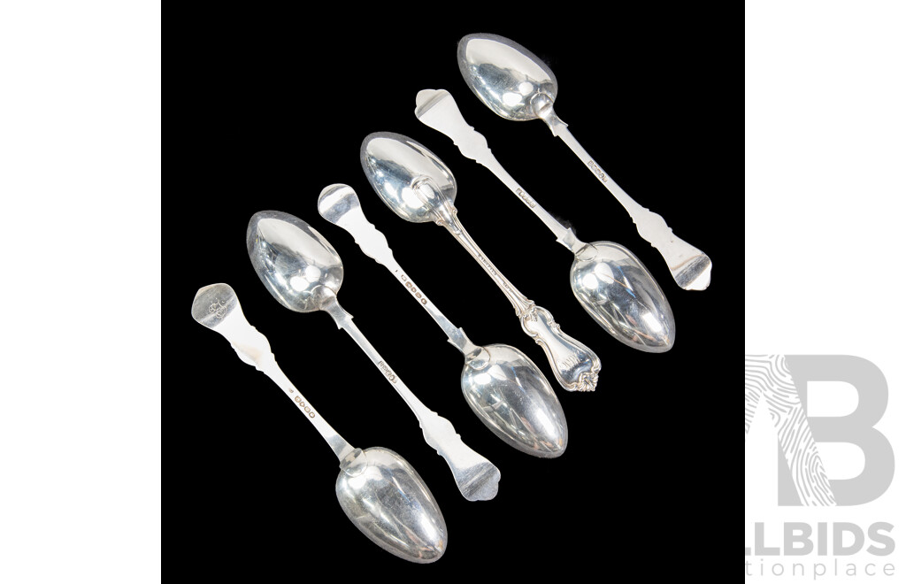 Six Large Sterling Silver Spoons Including Three Josiah Williams & Co, Exeter, 1858, Thomas Wallis II, London, 1846 and Henry Holland, London, 1873