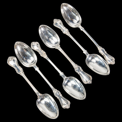 Six Large Sterling Silver Spoons Including Three Josiah Williams & Co, Exeter, 1858, Thomas Wallis II, London, 1846 and Henry Holland, London, 1873