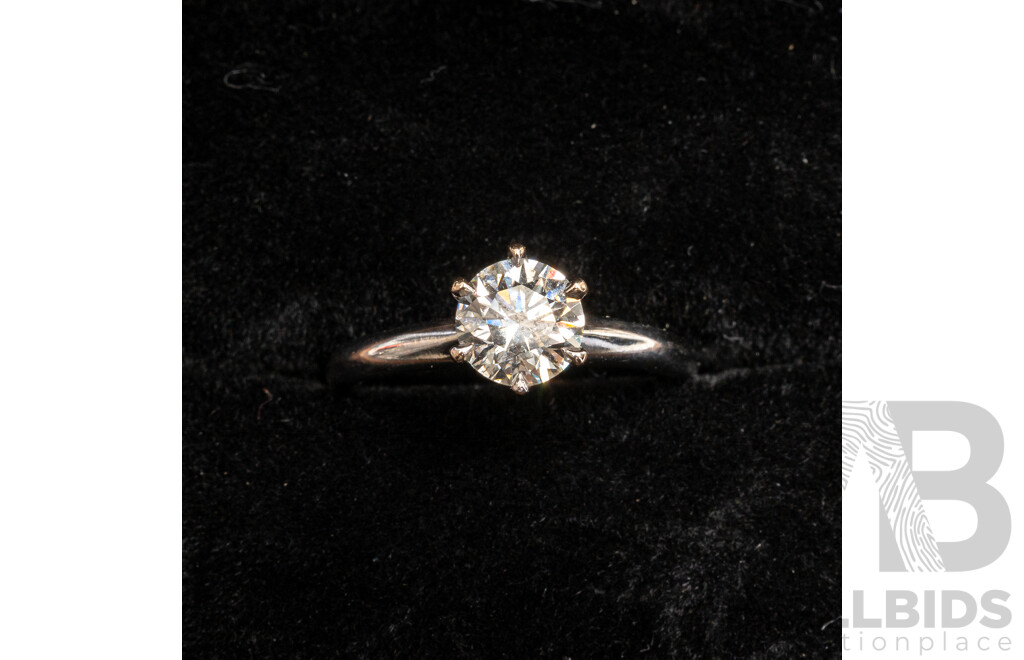18ct White Gold Solitaire RBC Diamond Ring with Valuation & Diamond Report - Size K.5