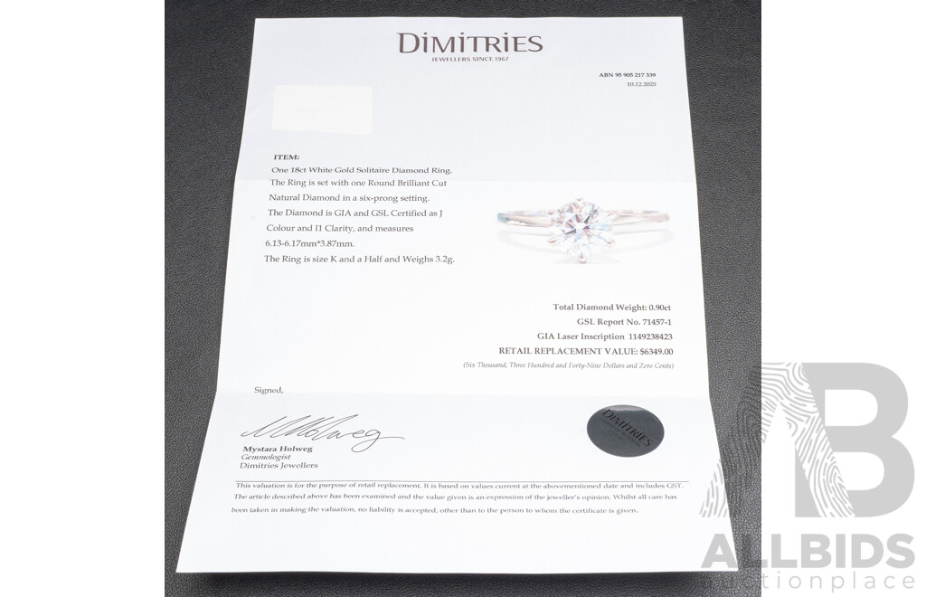 18ct White Gold Solitaire RBC Diamond Ring with Valuation & Diamond Report - Size K.5