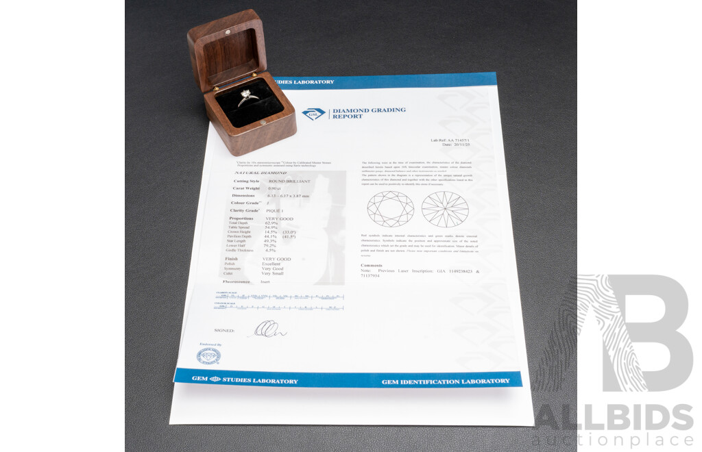 18ct White Gold Solitaire RBC Diamond Ring with Valuation & Diamond Report - Size K.5