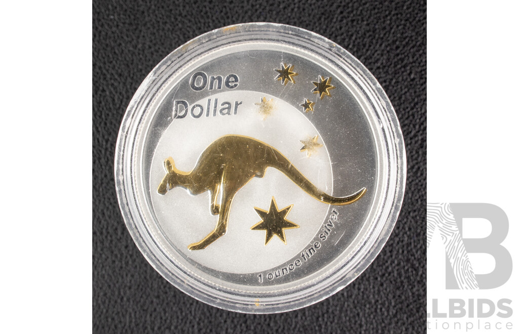Australian RAM 2005 Selectively Gold Plated Silver One Dollar Coin, Silver Kangaroo .999