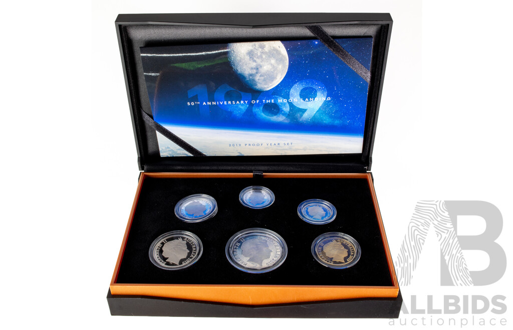 Australian RAM 2019 Six Proof Coin Set, Fiftieth Anniversary of the Moon Landing, Commemorative One Dollar and Five Cent