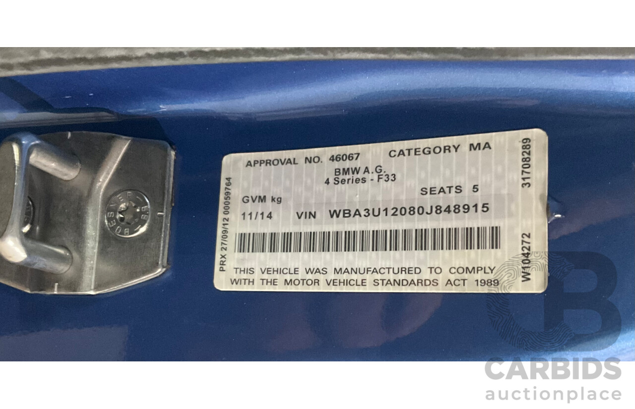 10/2014 BMW 420d M Sport F33 2d Convertible Estoril Blue Metallic Turbo Diesel 2.0L