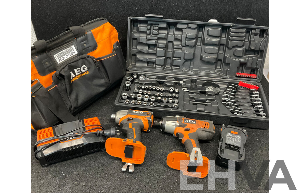 AEG BSS18C12Z Impact Wrench & Impact Driver with Battery, Charger and Carry Bag & a Case of Impact Socket Set