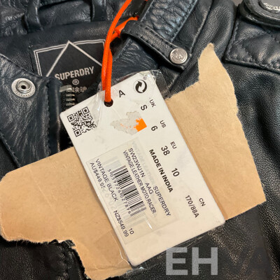 Superdry Vintage Leather Moto Racer Black Jacket - Size 6 - ORP $ 449.95