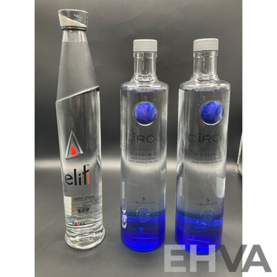 ELIT Vodka 700ml , CIROC Vodka 1000ml (x2) - Lot of 3