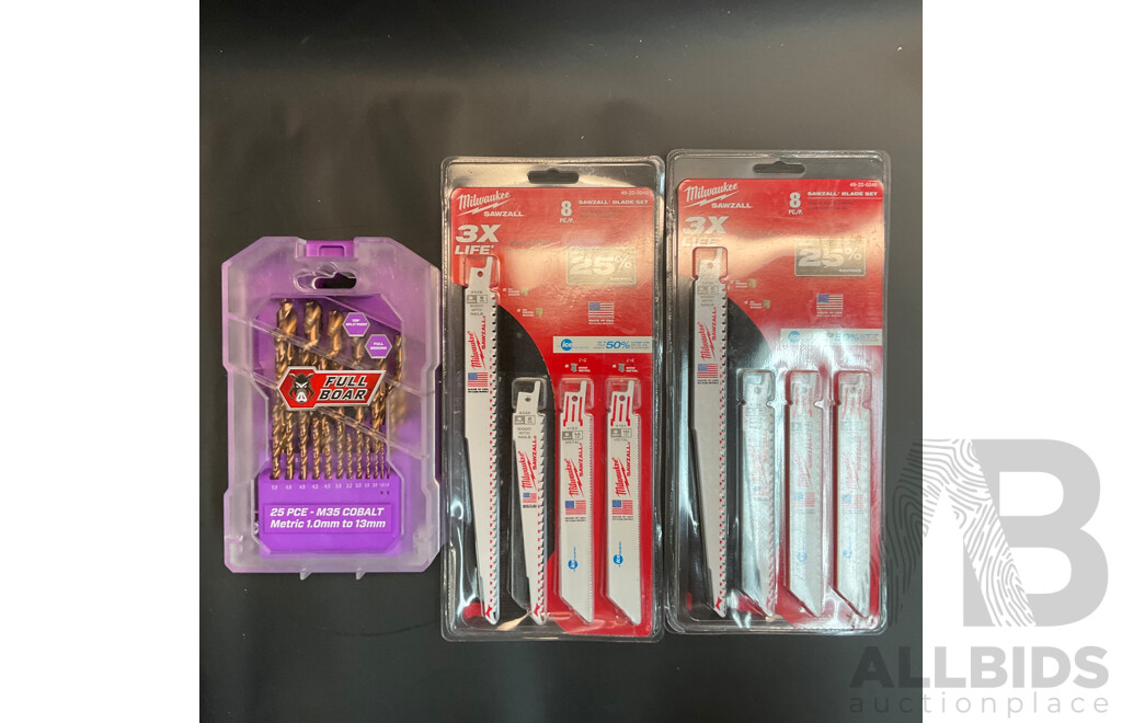 Milwaukee 8PC Sawzall Blade Set X2 & Full Boar 25PCE M35 Cobalt Metric Drill Bit Set