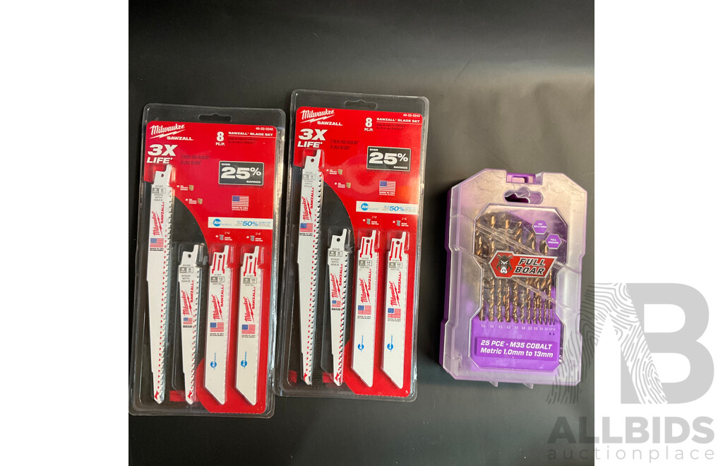 Milwaukee 8PC Sawzall Blade Set X2 & Full Boar 25PCE M35 Cobalt Metric Drill Bit Set