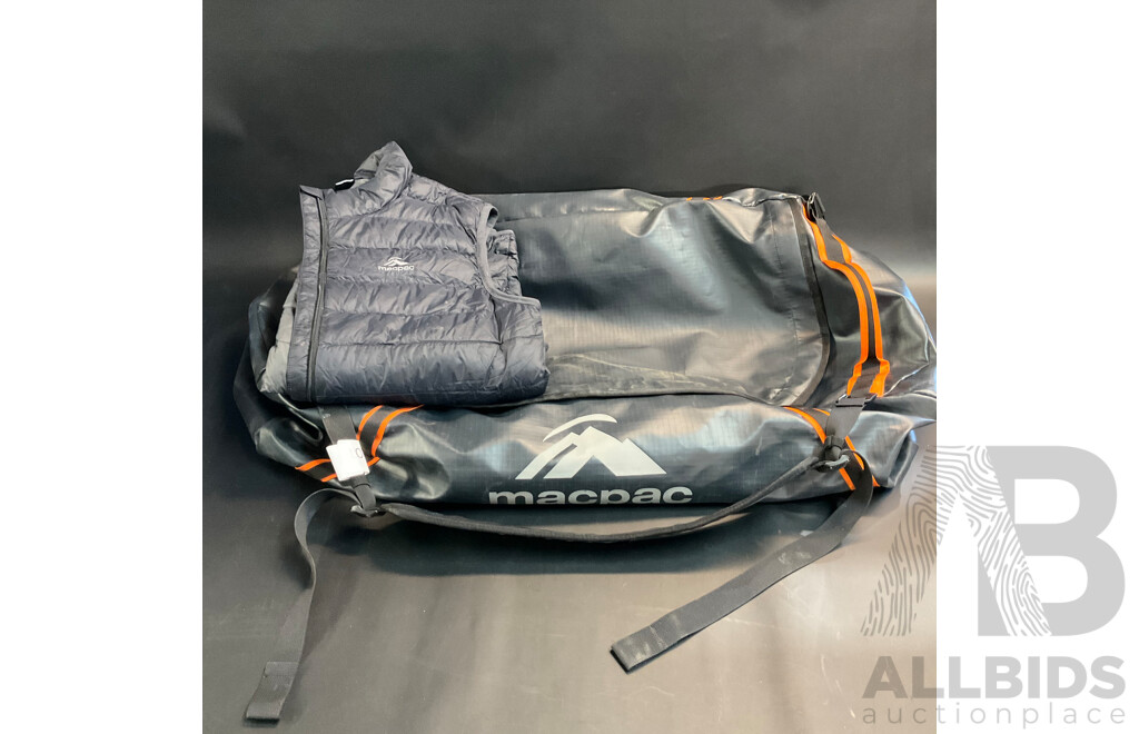 MACPAC 70L Expedition Duffel Bag &  Uber Light Down Vest V2 - Black - Size S