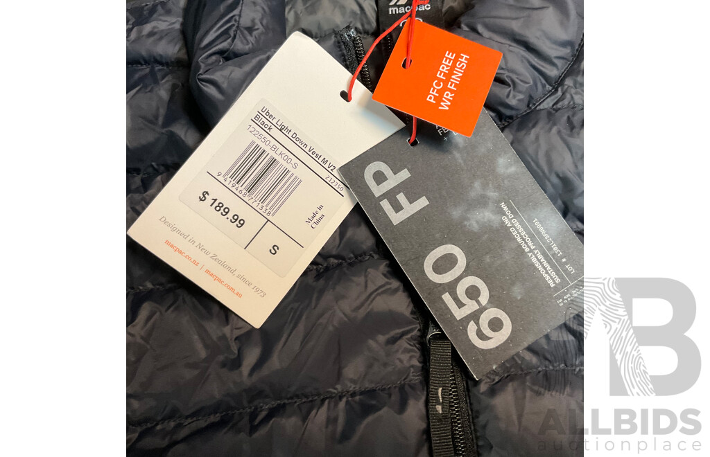 MACPAC Uber Light Down Vest M V2 - Black - Size S - ORP$ 189.99
