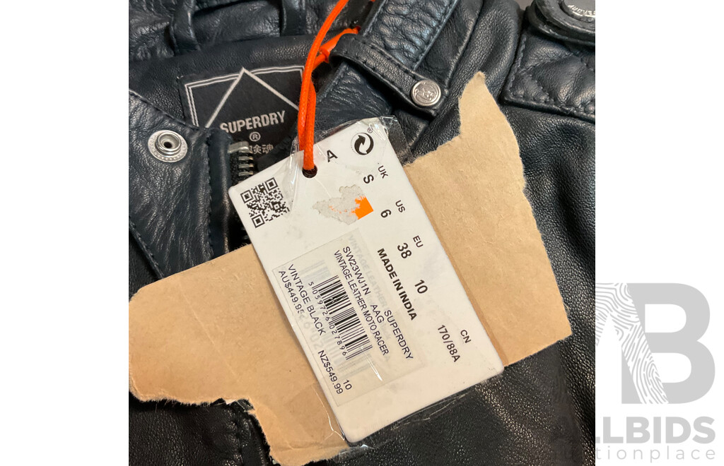 Superdry Vintage Leather Moto Racer Black Jacket - Size 6 - ORP $ 449.95