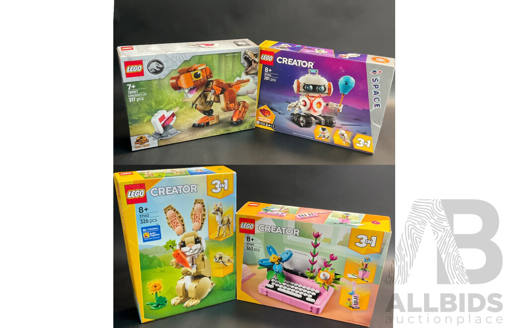 Four Lego Set - Creator 3 in 1 31162 Cute Bunny & 31169 Typewriter with Flowers & 76967 Little Eatie T-rex & Creator 31164 Space Robot