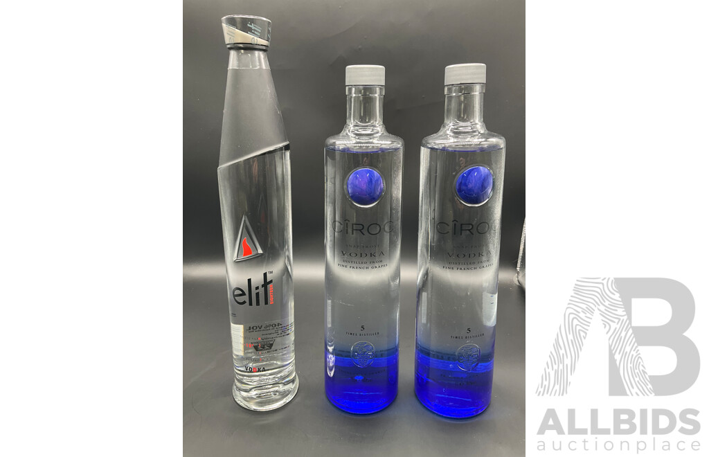 ELIT Vodka 700ml , CIROC Vodka 1000ml (x2) - Lot of 3