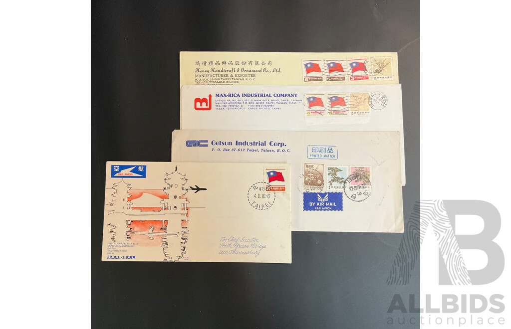 Used Envelope and Stamp Album Including South Africa, Mauritius, Aitutaki, and More