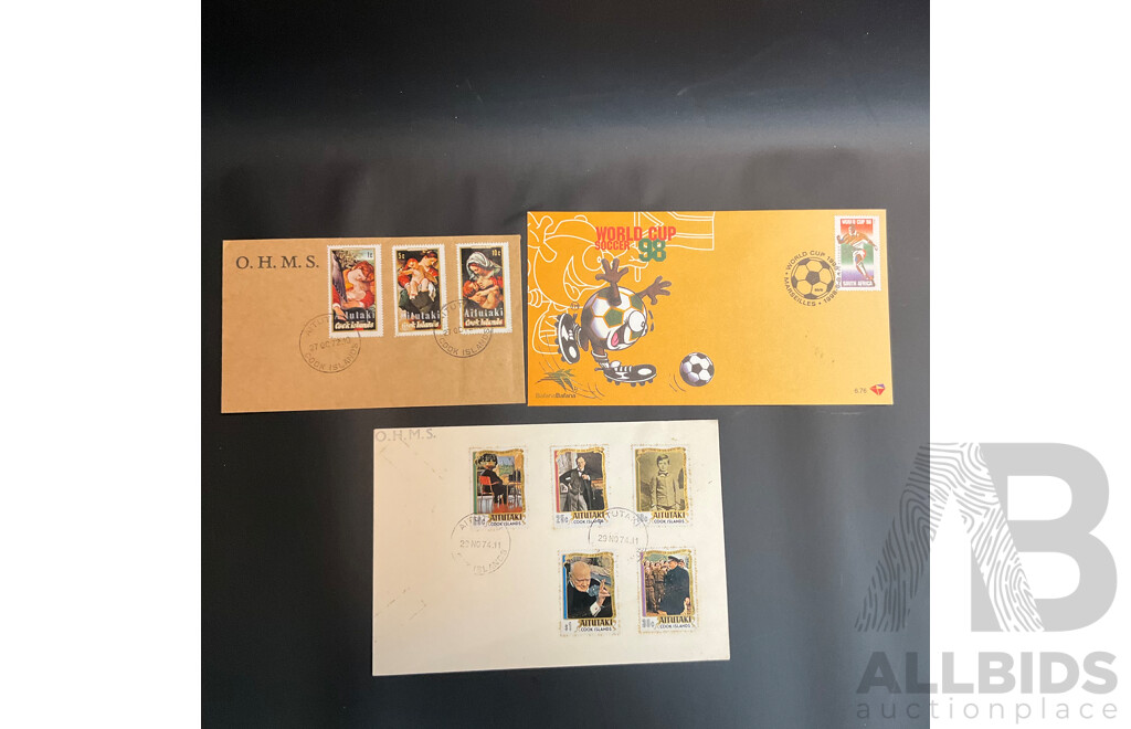 Used Envelope and Stamp Album Including South Africa, Mauritius, Aitutaki, and More