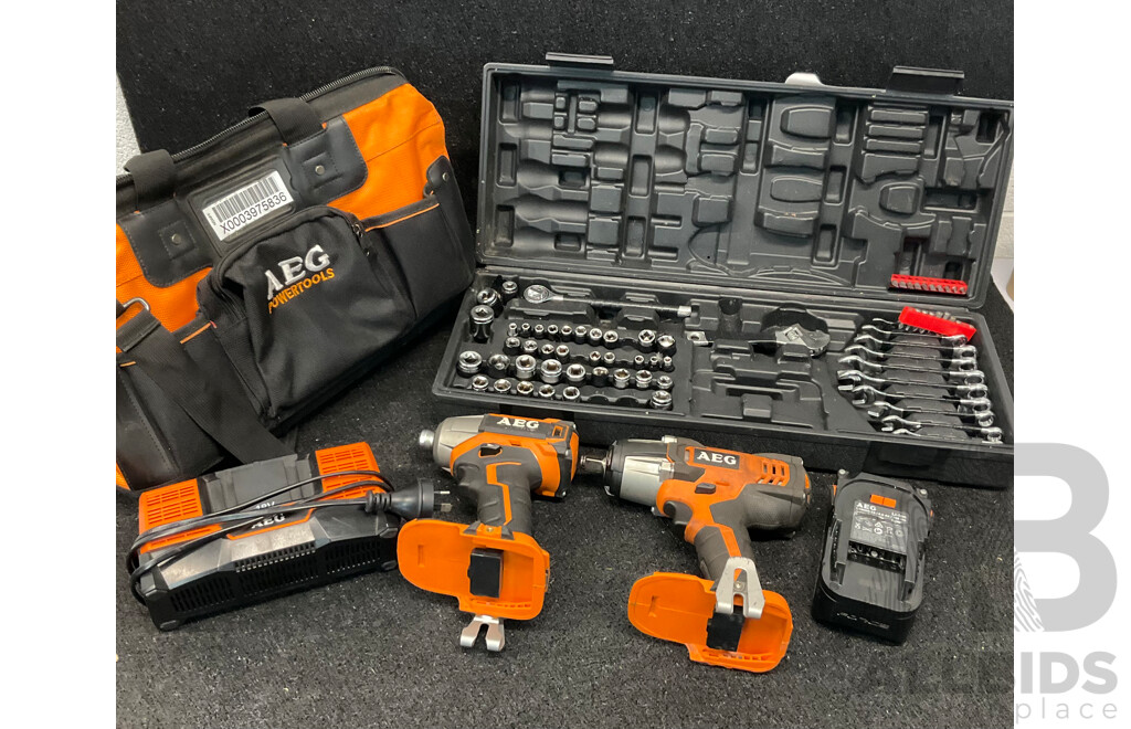 AEG BSS18C12Z Impact Wrench & Impact Driver with Battery, Charger and Carry Bag & a Case of Impact Socket Set