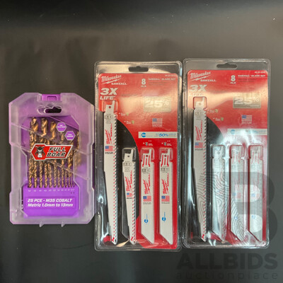 Milwaukee 8PC Sawzall Blade Set X2 & Full Boar 25PCE M35 Cobalt Metric Drill Bit Set