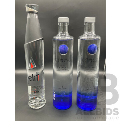 ELIT Vodka 700ml , CIROC Vodka 1000ml (x2) - Lot of 3