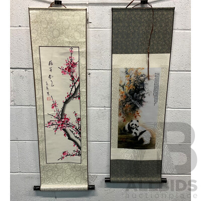Two Chinese Culture Style Wall Art Hangings (Silk Panda Scroll & Prosperous Year Painting)