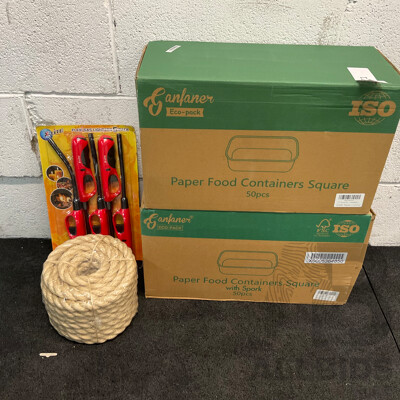 2 Boxes of Paper Food Containers with Spork 50PCS & Flexi Gas Lighters 5 Pack & Natural Sisal Rope