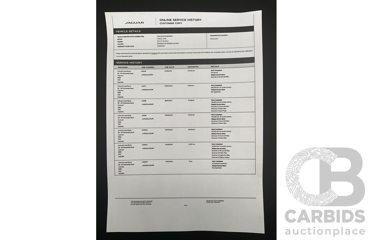 05/2018 Jaguar F-Pace 35t S (AWD 280kW) X761 MY18.5 4d Wagon Indus Silver Metallic Supercharged V6 3.0L
