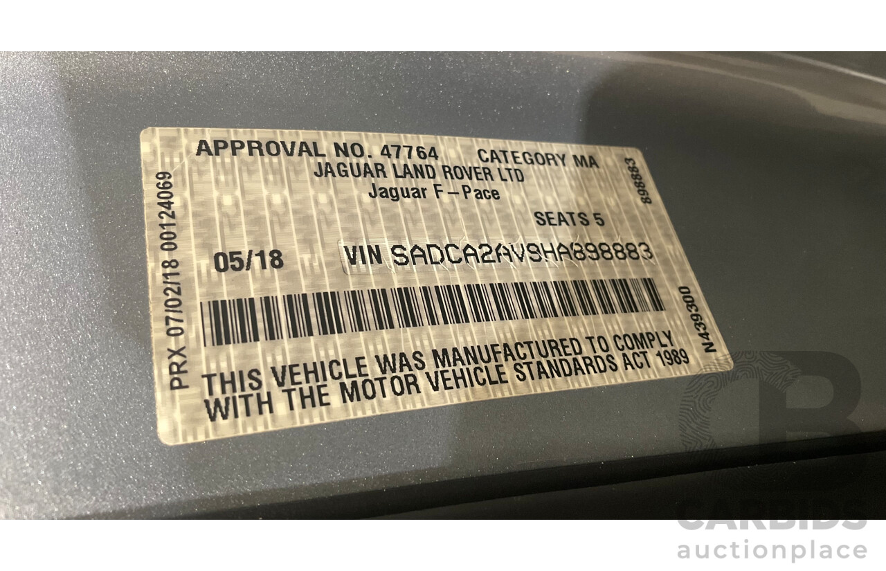 05/2018 Jaguar F-Pace 35t S (AWD 280kW) X761 MY18.5 4d Wagon Indus Silver Metallic Supercharged V6 3.0L