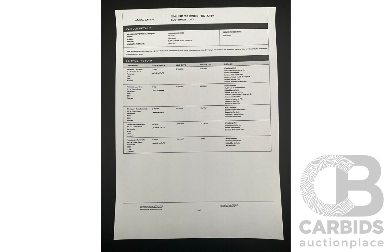 11/2016 Jaguar XE 20d Prestige (RWD) MY17 4d Sedan Dark Sapphire Blue Turbo Diesel 2.0L