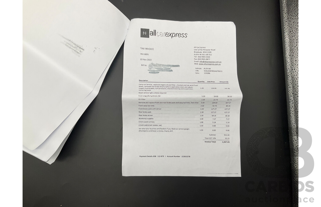 10/2016 Audi A4 Avant 2.0 TFSI S-Tronic Sport (FWD) F4 (B9) 4d Wagon Glacier White Turbo 2.0L