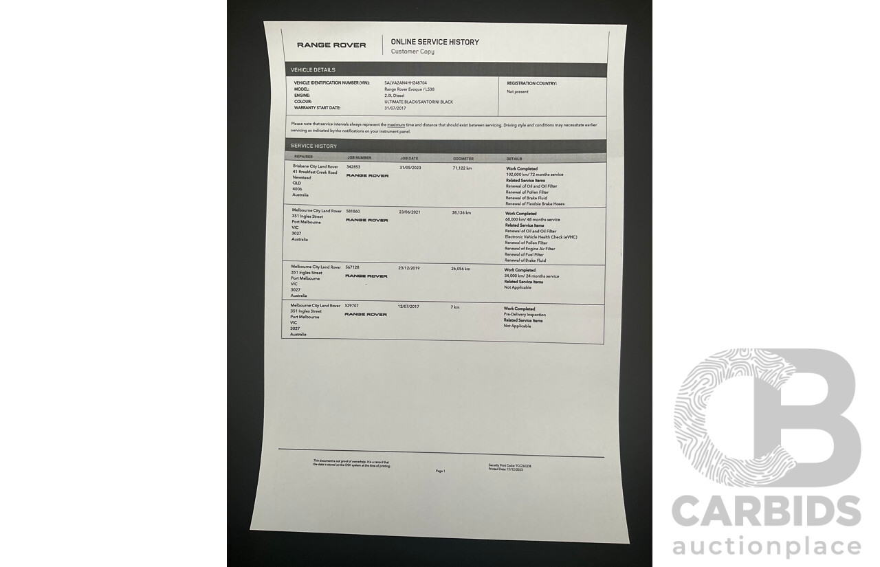 07/2017 Range Rover Evoque Td4 150 SE (AWD) LV MY17 5d Wagon Santorini Black Metallic Turbo Diesel 2.0L