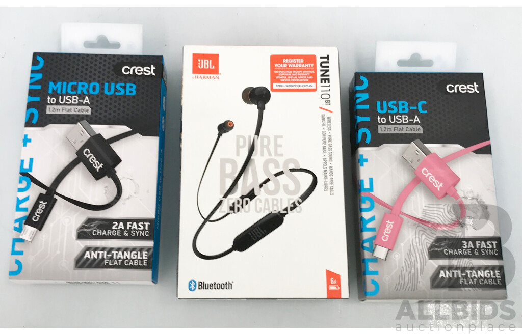JBL by Harman Tune 110BT In-Ear Headphones and Crest USB Cables - Lot of 3