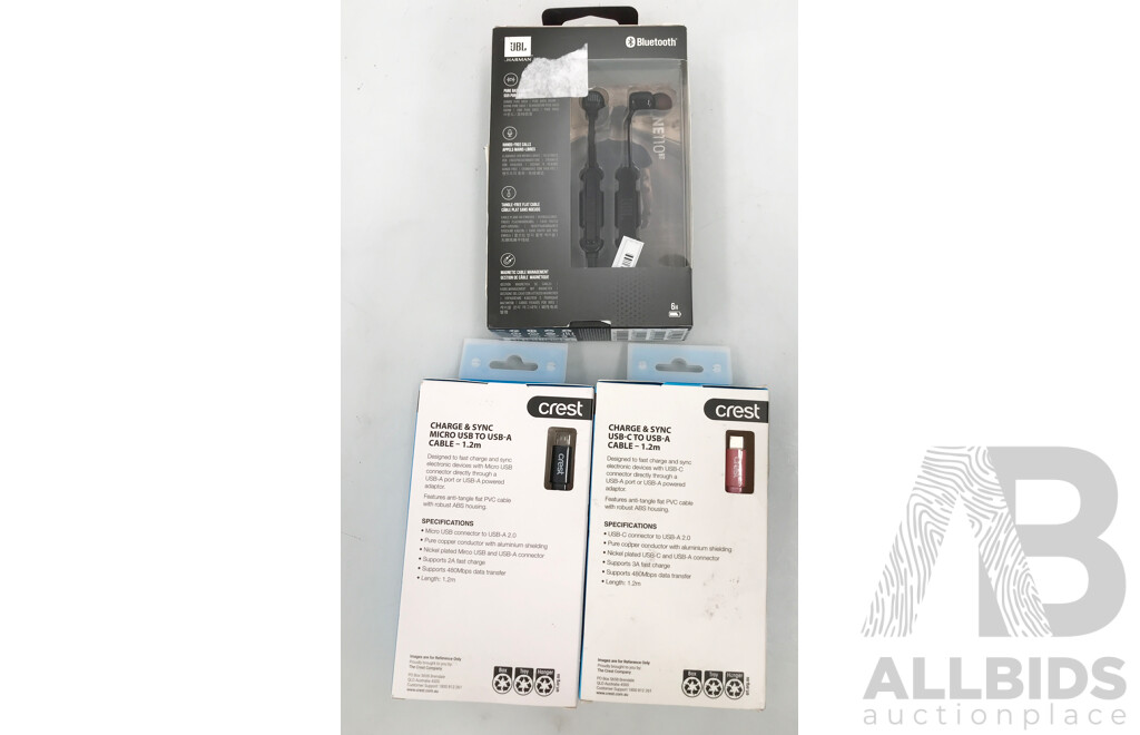 JBL by Harman Tune 110BT In-Ear Headphones and Crest USB Cables - Lot of 3
