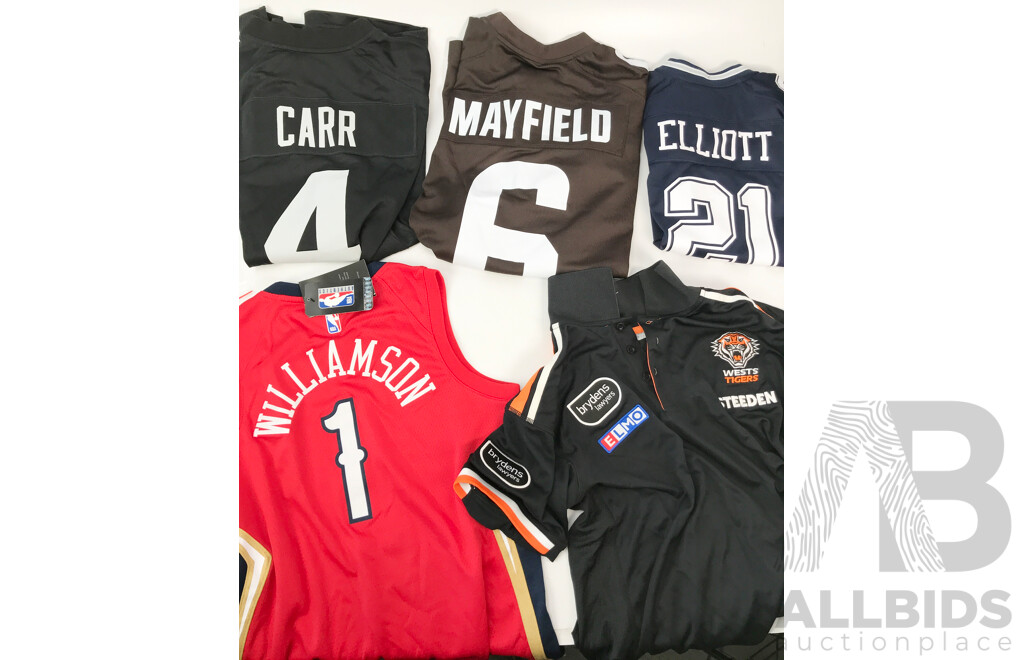 Assorted NFL, NBA, and NRL Jerseys and Tops (Adult and Kids Sizes) - Lot of 5