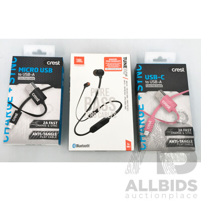 JBL by Harman Tune 110BT In-Ear Headphones and Crest USB Cables - Lot of 3