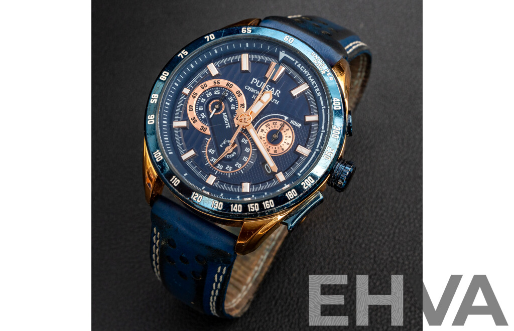 Pulsar PU2080X Quartz Multi-Function Chronograph Stainless Steel Blue/Rose Gold Men's Watch