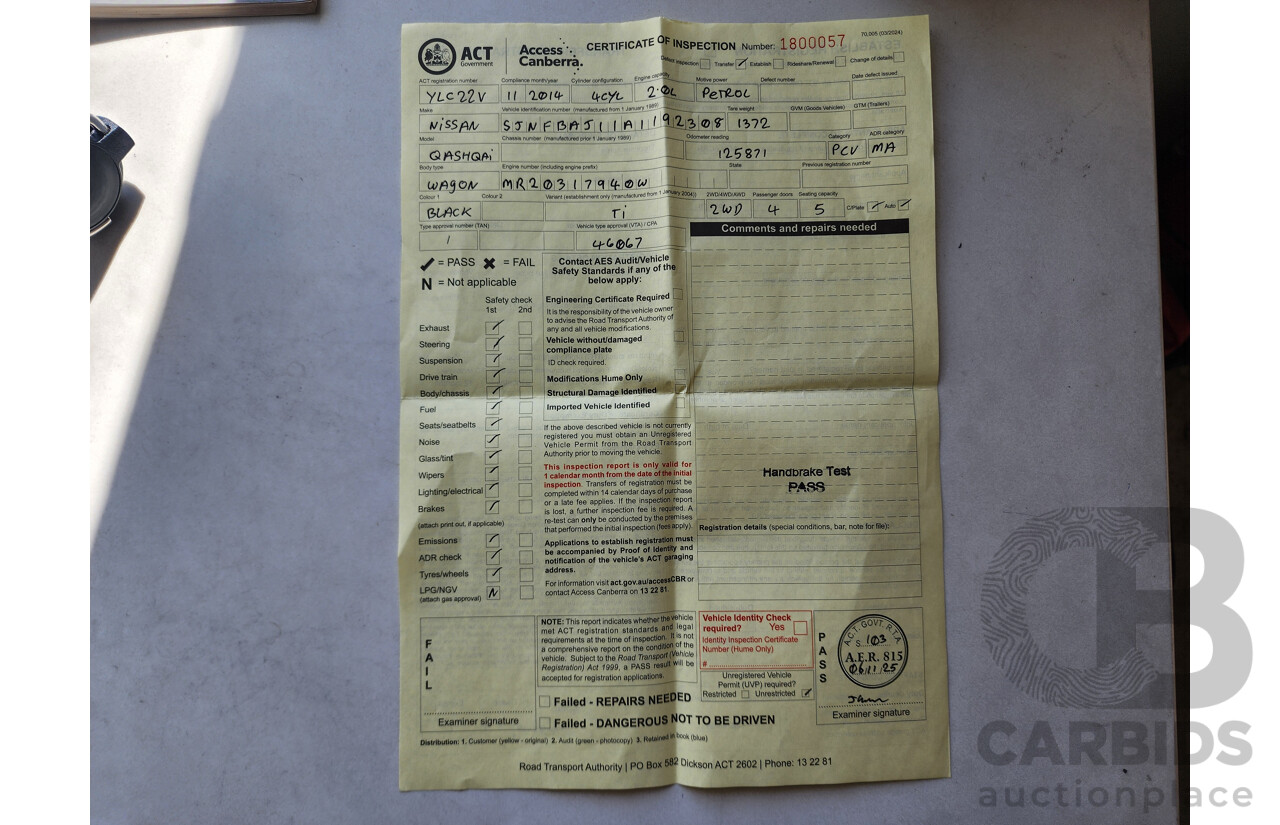 11/2014 Nissan Qashqai TI (4x2) J11 4d Wagon Black 2.0L