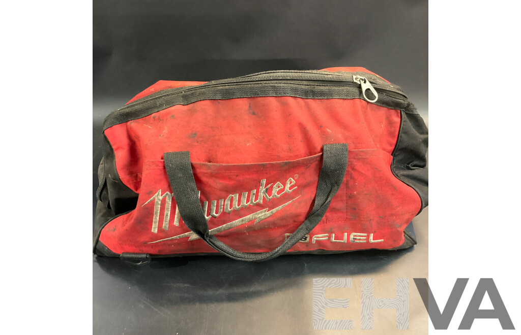 Three Makita Power Tools with Hand Tools in Milwaukee Carry Bag