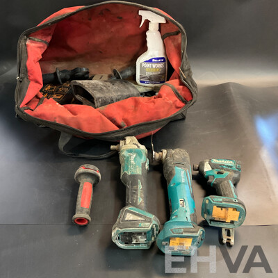 Three Makita Power Tools with Hand Tools in Milwaukee Carry Bag