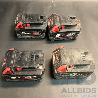 Three Milwaukee M18B5 18V 5.0Ah Li-Ion RED LITHIUM Battery with 1x 4.0Ah  M18 Battery - Lot of 4