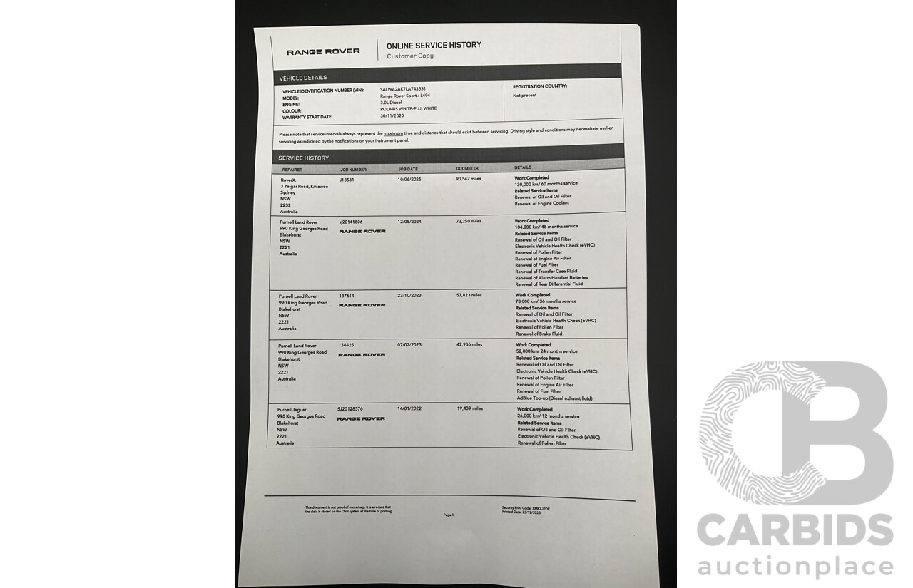 09/2020 Land Rover Range Rover Sport SDV6 HSE Dynamic (225kW AWD) L494 MY20.5 4d Wagon Fuji White Turbo Diesel V6 3.0L - 7 Seater
