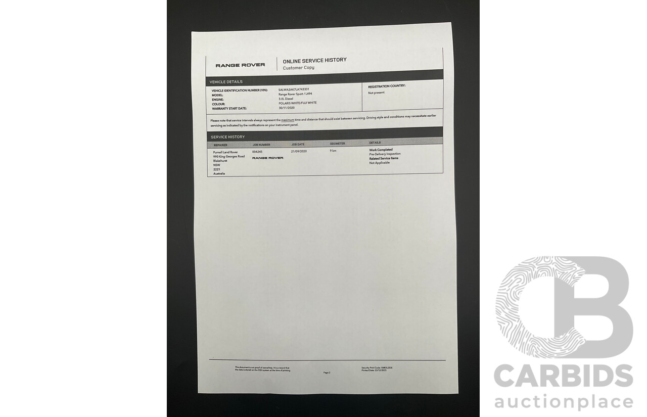 09/2020 Land Rover Range Rover Sport SDV6 HSE Dynamic (225kW AWD) L494 MY20.5 4d Wagon Fuji White Turbo Diesel V6 3.0L - 7 Seater