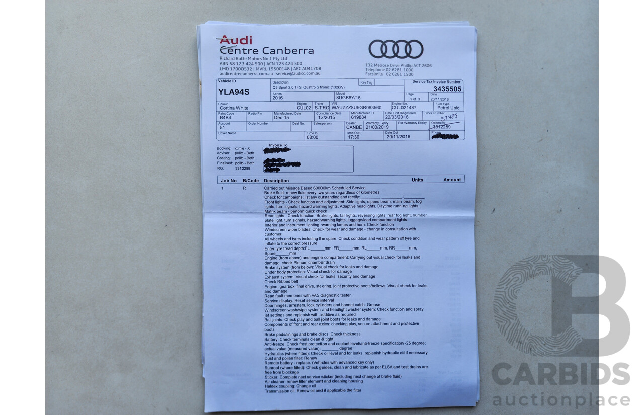 2/2016 Audi Q3 2.0 TFSI Sport Quattro (132kw) 8U MY16 4d Wagon White 2.0L