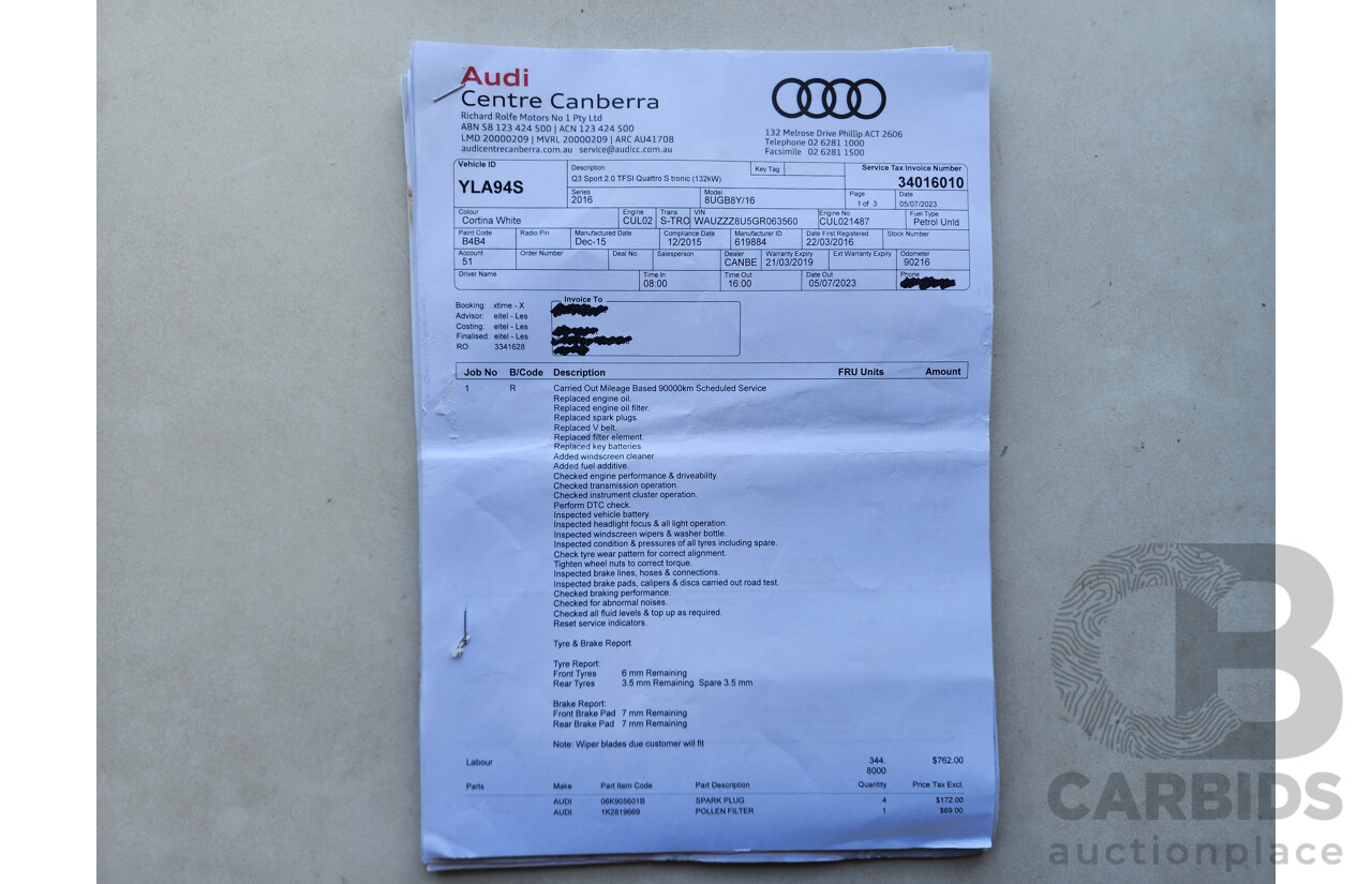 2/2016 Audi Q3 2.0 TFSI Sport Quattro (132kw) 8U MY16 4d Wagon White 2.0L