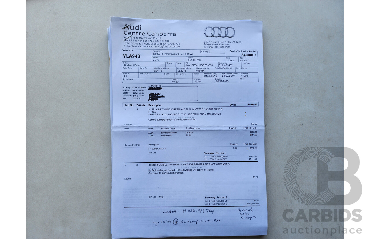 2/2016 Audi Q3 2.0 TFSI Sport Quattro (132kw) 8U MY16 4d Wagon White 2.0L