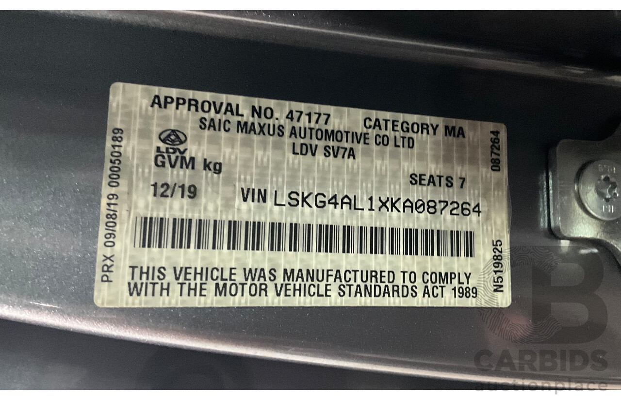 12/2019 LDV G10 Executive (RWD) MPV SV7A 4d Van Wagon Lava Grey Metallic Turbo 2.0L - 7 Seater