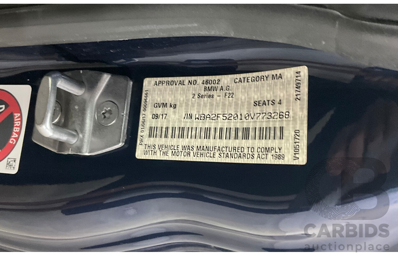 09/2017 BMW 230i Luxury Line (RWD) F22 MY17 2d Coupe Deep Sea Blue Metallic Turbo 2.0L